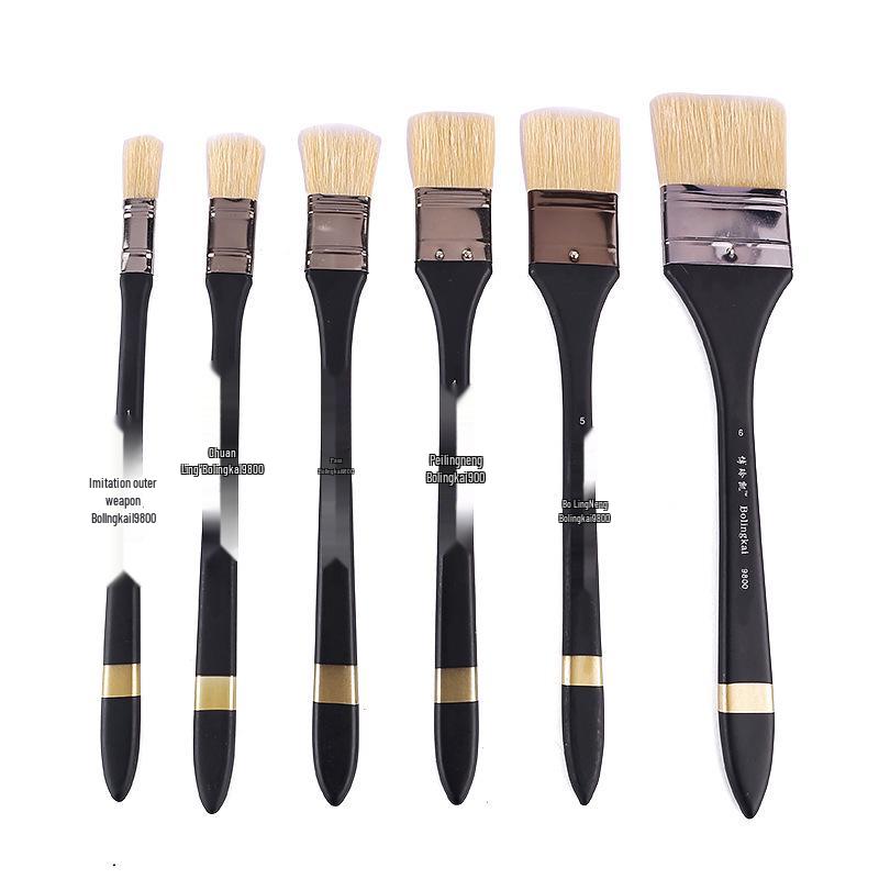 Flat-head Bristle Wood Handle Brush Set for Watercolor and Oil Painting, Handmade with Wall Painting Capability.