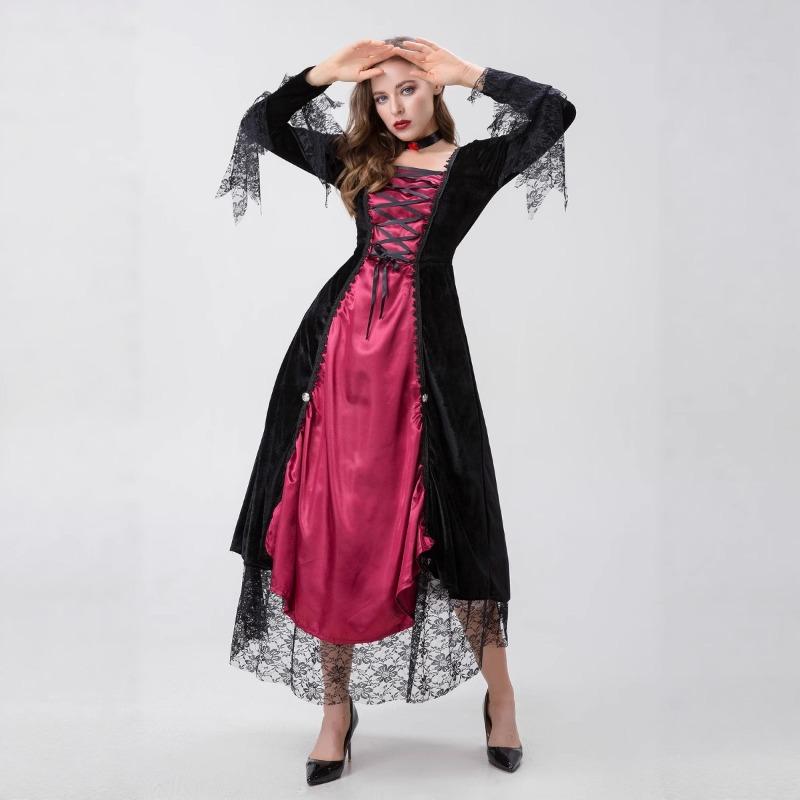 Halloween Vampire Costume Medieval Court Party Queen Vintage Lace Dress