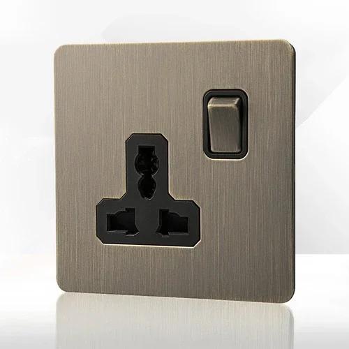 Retro Eu Metal Panel Wall Toggle Light Switch Socket,Bronzed Antique Stainless Steel German 16A Socket with USB Phone Charging