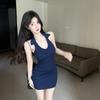 Summer Unique Spice Girl Blue Knitted V-neck Sleeveless Dress Women's Waist Design Sense Slim and Thin Hip Skirt