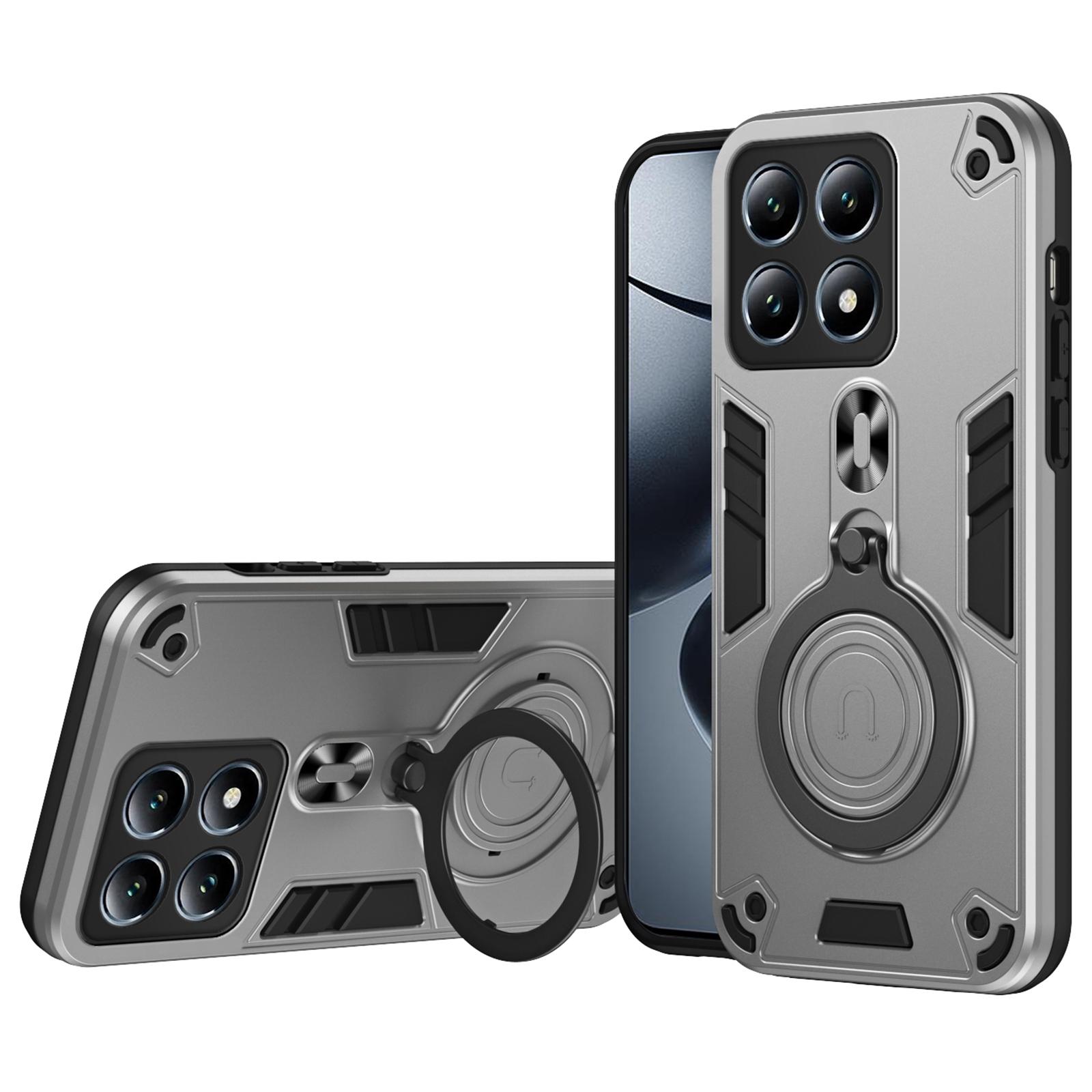 

For Xiaomi 14T Pro Case Rotatable Kickstand PC+TPU Drop Protection Phone Cover Silver