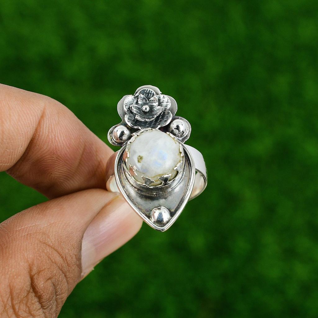 Natural Rainbow Moonstone Promise Flower Adjustable Ring 925 Silver For Women