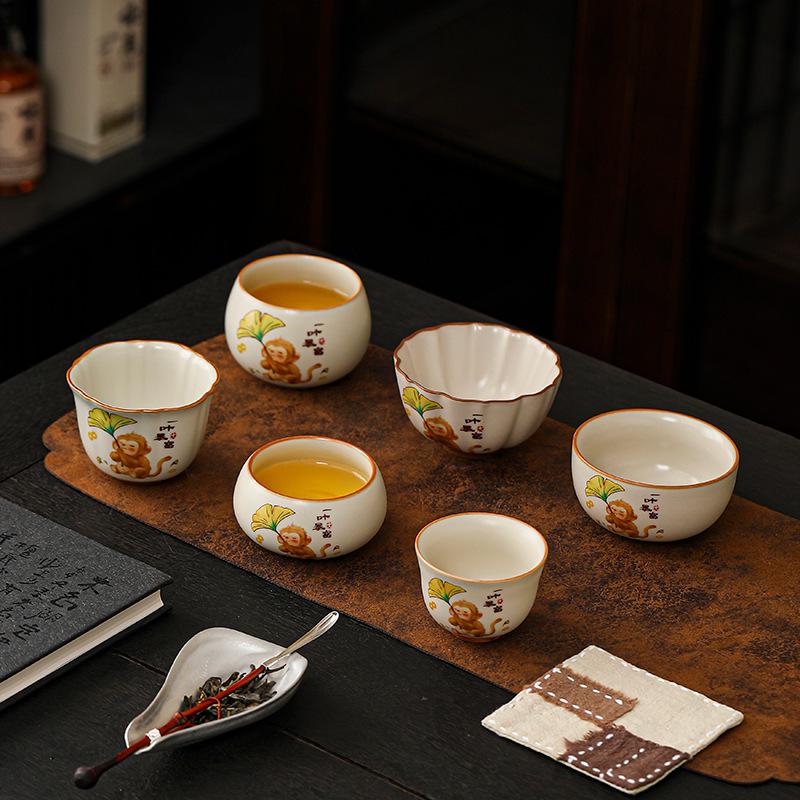 Ru Ware Beige Leaf Teacup Master Kung Fu Ceramic Tea Bowl Set