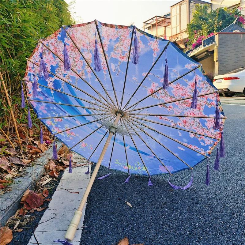 1PC with Tassel Classical Women's Umbrella for Hanfu Accessories Satin Cloth Photograph Props Fairy Ancient Parasol