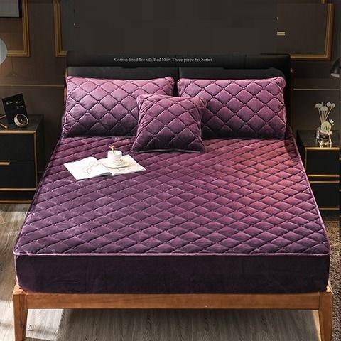 Coral FleeceThicken Quilted Mattress Cover Short Plush Quilted  Bed Fitted Sheet Queen Double Bed Cover Not Including Pillowcase