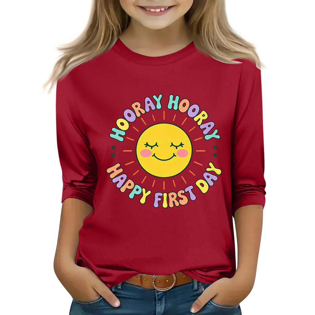 Kids Casual Printed Round Neck 3/4 Sleeve Top for Back To School