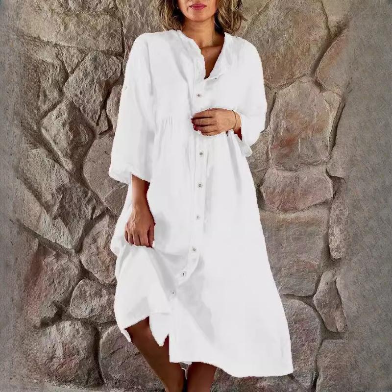 GMXIA Women's Cotton Linen Solid Colour Casual Button Up Long Dress