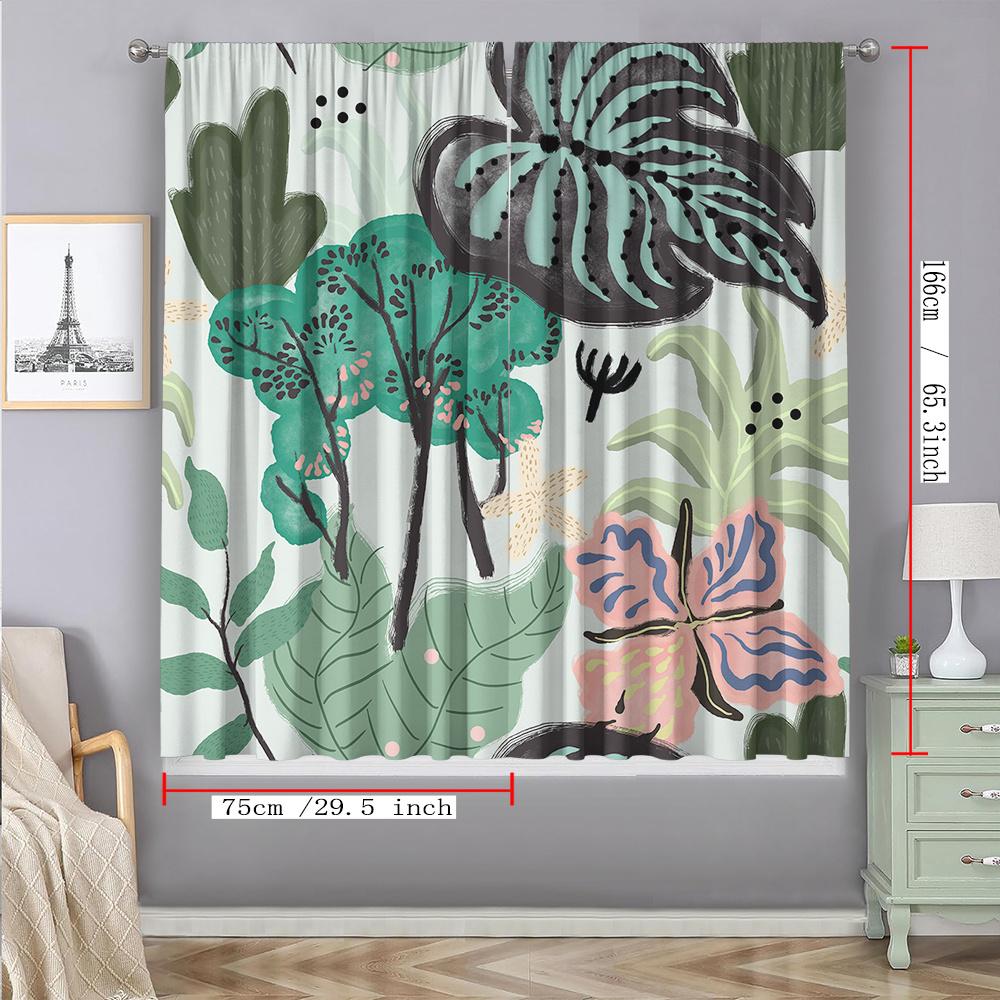 Green Teal Tropical Leaf & Hibiscus Print Curtains Set of 2 Rod Pocket Semi Sheer for Living Room Bedroom Decor
