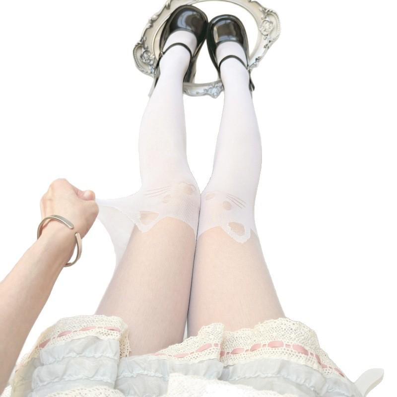 Cute Kitten White Stockings Sweet Lolita Socks Women'S Spring And Summer Thin Fake High Tube Spliced Knee Socks