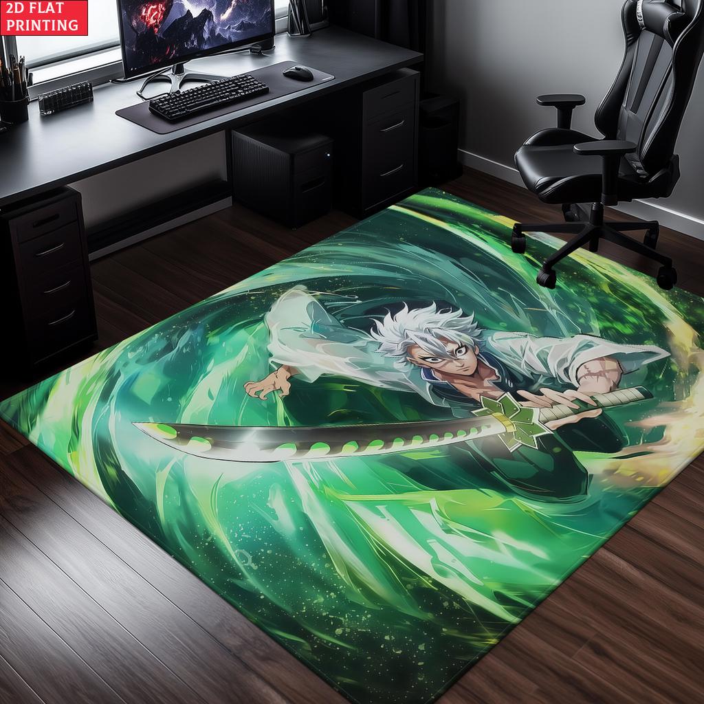 Anime Swordsman Area Rug, Green Wind Theme Non-slip Floor Mat,Decorative Carpet for Gaming Room Bedroom,Washable Home Decor Gift