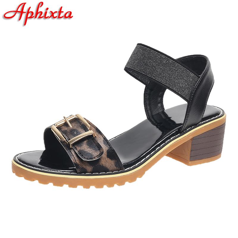 Fashion Aphixta 5cm Square Heel Summer Leopard Peep Toe Sandals Buckle Bling White Leather Open Shoes Elastic Band Plus Size 43