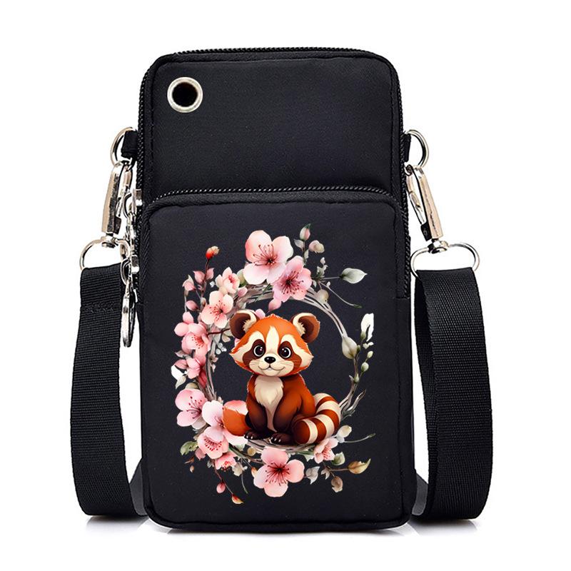 Cherry Blossoms Animal Raccoon Cartoon Printed Messenger Bag Multi-Function Mobile Phone Bag