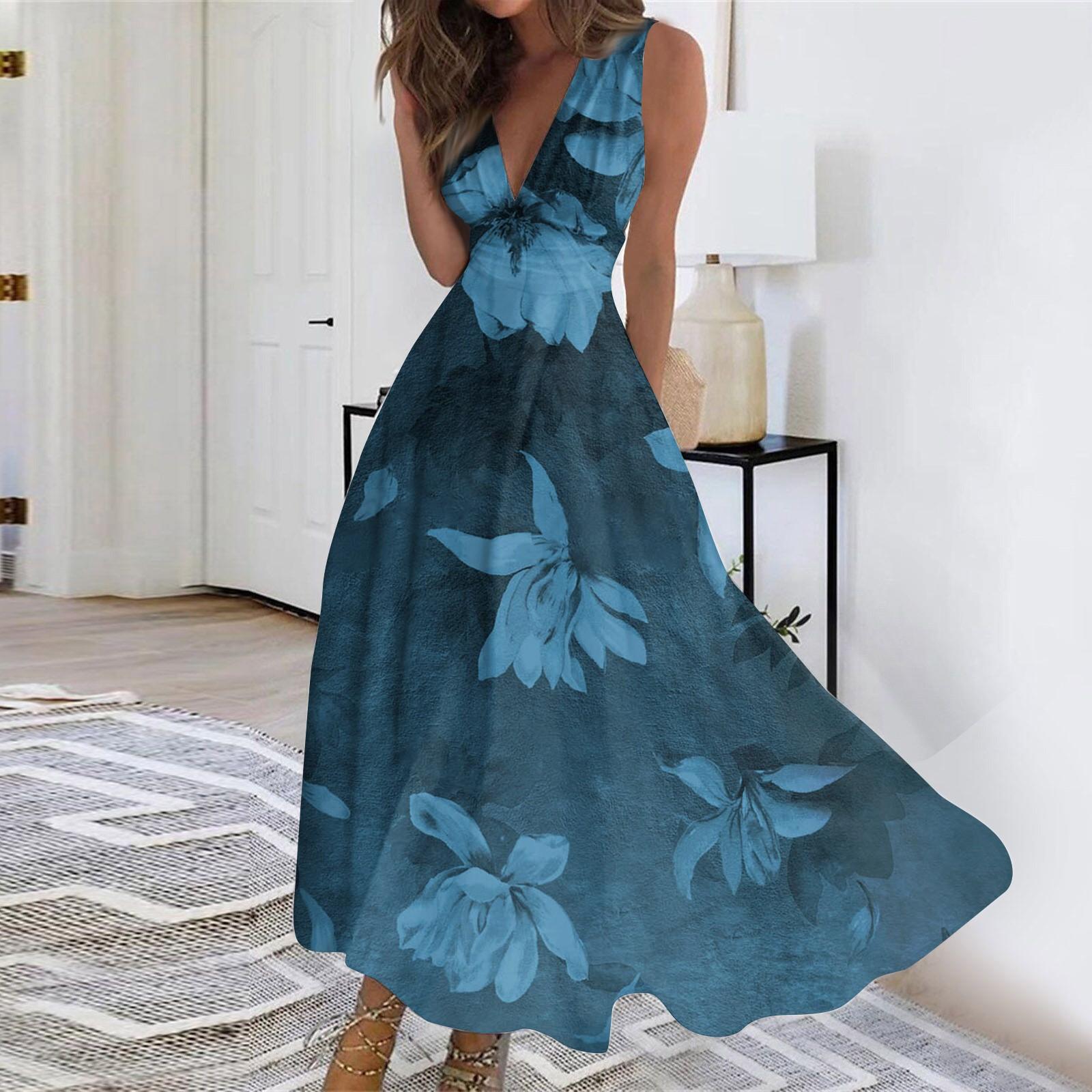 

Женское длинное платье Платье макси Повседневное платье Свободное платье Платье трапециевидной формы Модная уличная одежда Платье без рукавов с v-образным вырезом и принтом даты XL