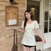 Right Shoulder Summer New Slim Fit Waist Covering Belly Slimming Mid-length Chic Sweet Short-sleeved T-shirt