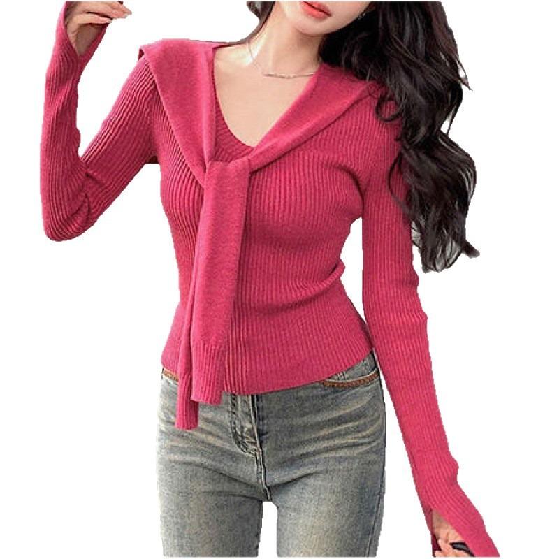 Sweet style temperament shawl knitted sweater women's autumn new thin slim bottoming shirt top