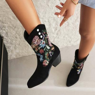2024 Herbst und Winter Neue Mode High Heel Damenstiefel Schwarz Wildleder Stickerei Punk Runde Zehe Slipper Modern Stiefel Botas Mujer