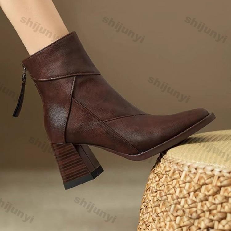 Dámské robustní kotníkové boty Dámské zipové Retro hnědé Měkká kůže Krátká bota Podzim Nové Čtvercová špička Neformální Vysoký podpatek Kotníkové boty Mujer