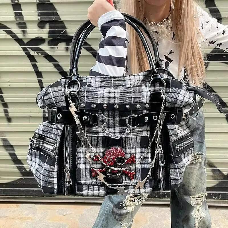 Borse da Donna Moda Y2k Nuova Originale Estetica Cartella a Quadri Tela Borsa a Spalla di Grande Capacità Carina Borsa a Shopper Ragazza Harajuku
