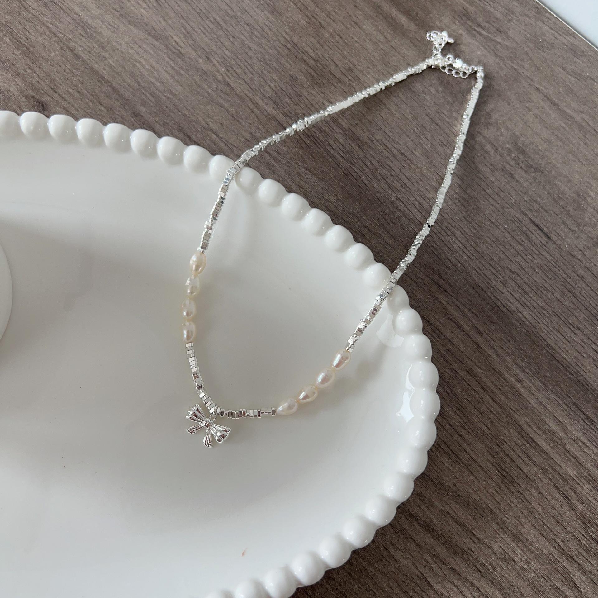Rice Grain Freshwater Pearl Broken Silver Bow Necklace Baroque Freshwater Pearl Collarbone Chain Temperament Neck Chain Women