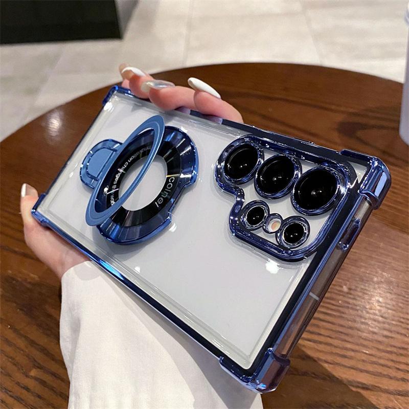 For Magsafe Plating Magnetic Plating Stand Phone Case For Samsung Galaxy S25 S24 S23 S22 Ultra S21 Plus S20 FE Clear Cover Case