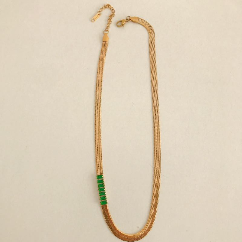 18K Gold Plated Stainless Steel Necklace with Rectangular Colorful Zircon Blade Chain for Women