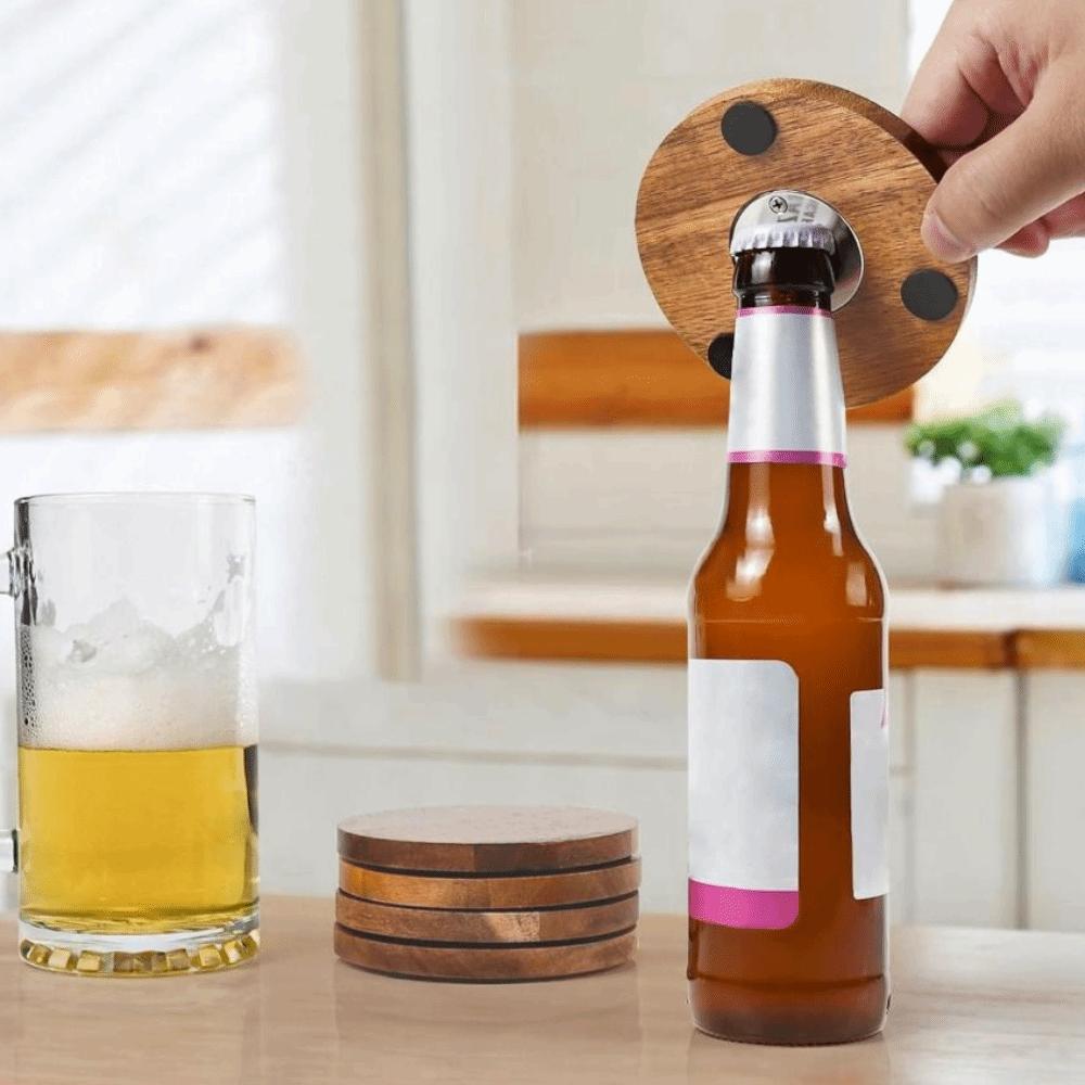 6PCS Round Insulated Cup Pad 2 in 1 Party Cup Mat Set Wood Coaster with Bottle Opener  Dining Table