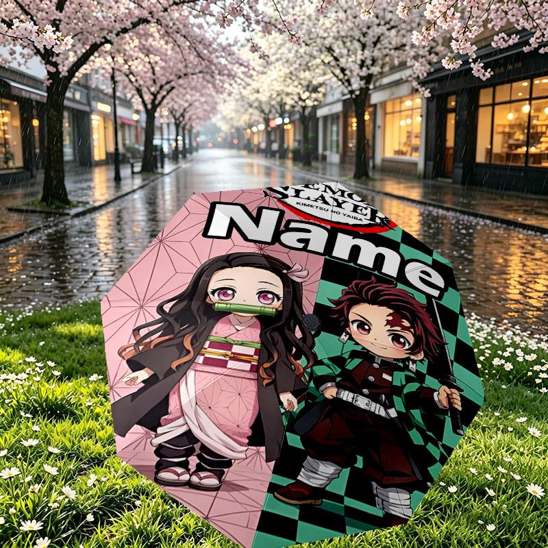 Custom Name Personalized Demon Slayer Print Umbrella, Auto Open Close, 8‑Rib Sturdy Frame, Commute Camping Hiking Use, Birthday Gift