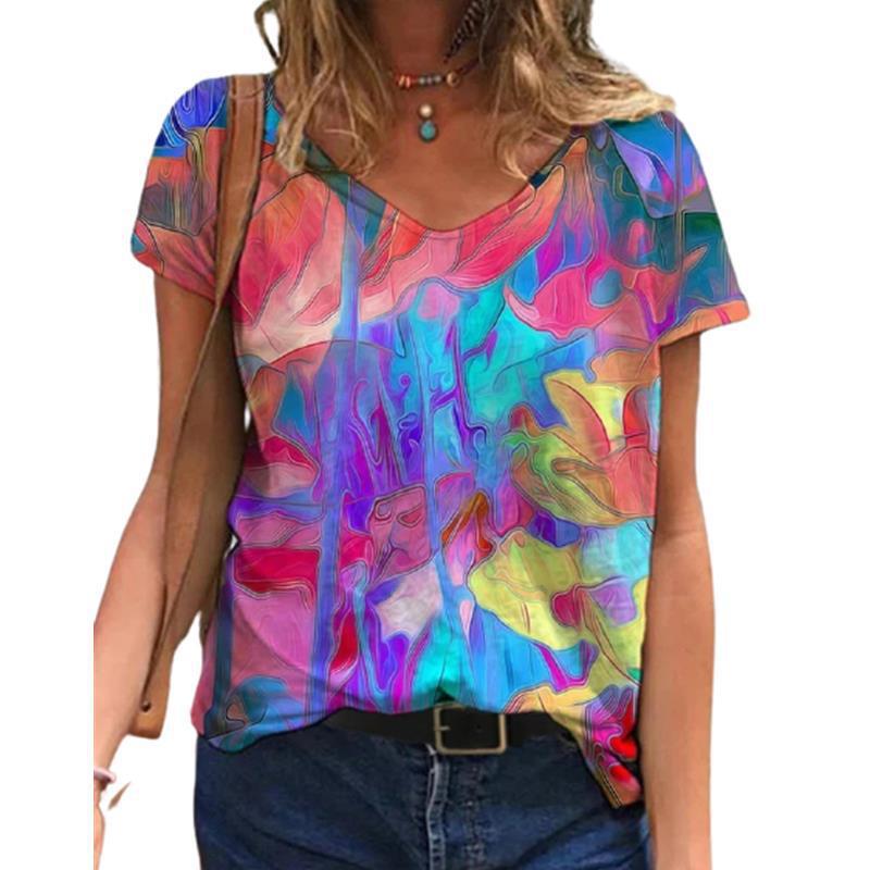 Summer Floral Printed T-shirt for Women Short Sleeved V-neck T-shirt