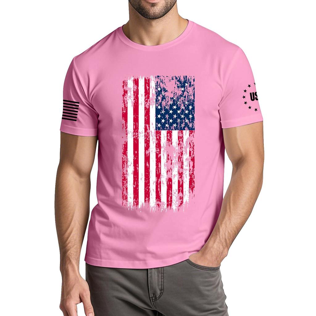 Menns moteriktige avslappede Independence Day trykte t-skjorte med rund hals og korte ermer