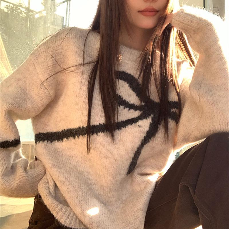 Korean Style Bow Knit Loose Pullover Sweater - Women’s Autumn/Winter 2025 Collection