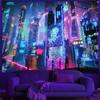 Cyberpunk City Sci-Fi Wandteppich UV-reaktiv Schwarzlicht Neon Futuristisches Wandbehang Pfirsichhaut für Schlafzimmer Wohnzimmer Dekoration