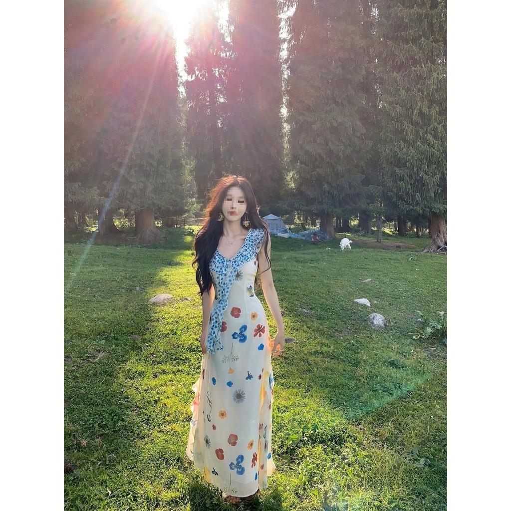 French Beach Vacation Dress With Knitted Fabric And Floral Print For Summer