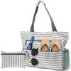 Beach Tote Bag Striped Zipper Outer Bag with Multiple Pockets Portable Travel Storage Bag for Outdoor Shopping Swimming Vacation