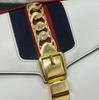 [Pre-Owned] Sylvie Gold Buckle Striped Web Satin Bow Wide Shoulder Strap Leather Handbag - Very Good #TIWKE1