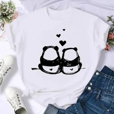 Cute Panda and Cat Printed Top Women's Short Sleeve T-Shirt Crew Neck Women Clothing Kawaii Clothes