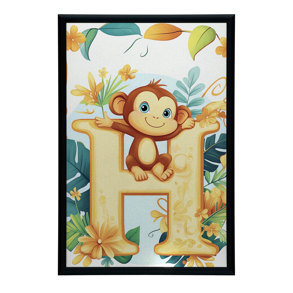 Plakat Litera H Z Małpką W Tropikalnym Stylu Plakat Litera H Z Małpką W Tropikalnym Stylu, 70X100 Cm, Rama Drewniana Jasny Dąb, Papier Matowy 230 Gsm