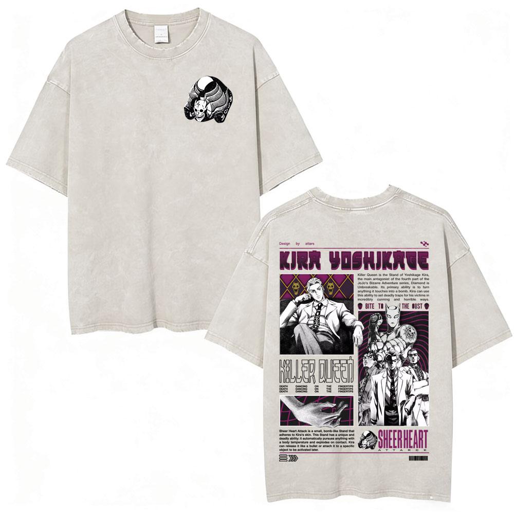 Anime Jojo Bizarre Adventure Kira Yoshikage Killer Queen Acid Washed T Shirt Mens Casual Cotton Short Sleeves Oversized Tshirts