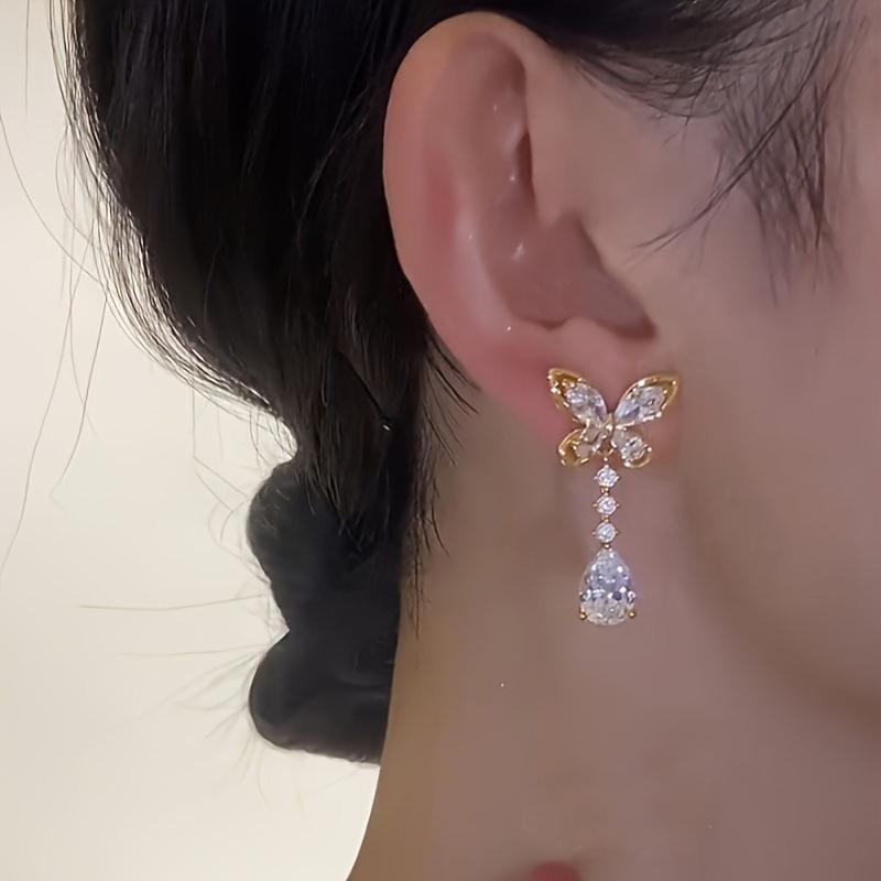 Butterfly Women Drop Earrings Aesthetic Party Wedding Elegant Accessories Inlaid Shiny CZ Elegant Gold Color Jewelry Gift