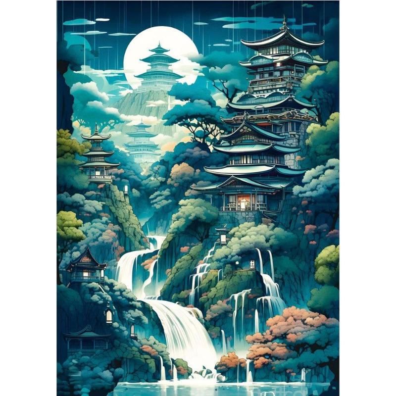 Japanese cherry color koi, fish, moonlake, magic art poster, canvas, painting, Japanese landscape, wall art for living room, home decor