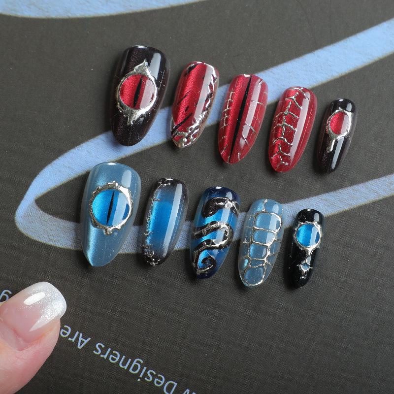 30PCS Halloween Almond Cat Eye Nail Tips with Gold Foil, Snake Pattern, and Ghost Eye Design