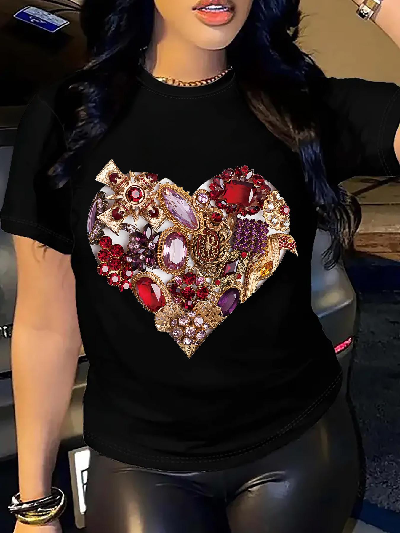 

European Size Women S Summer Casual T-Shirt with Rhinestone Heart Design, Polyester Crew Neck, Breathable Knit Fabric 4XL чорний