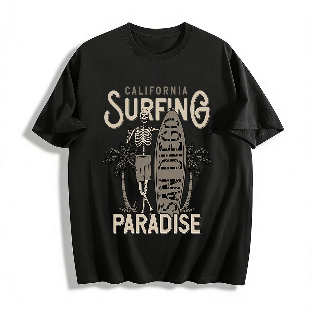California Surfing Paradise Skeleton Coconut Tree Print Tee Pure cotton T-shirt XXS