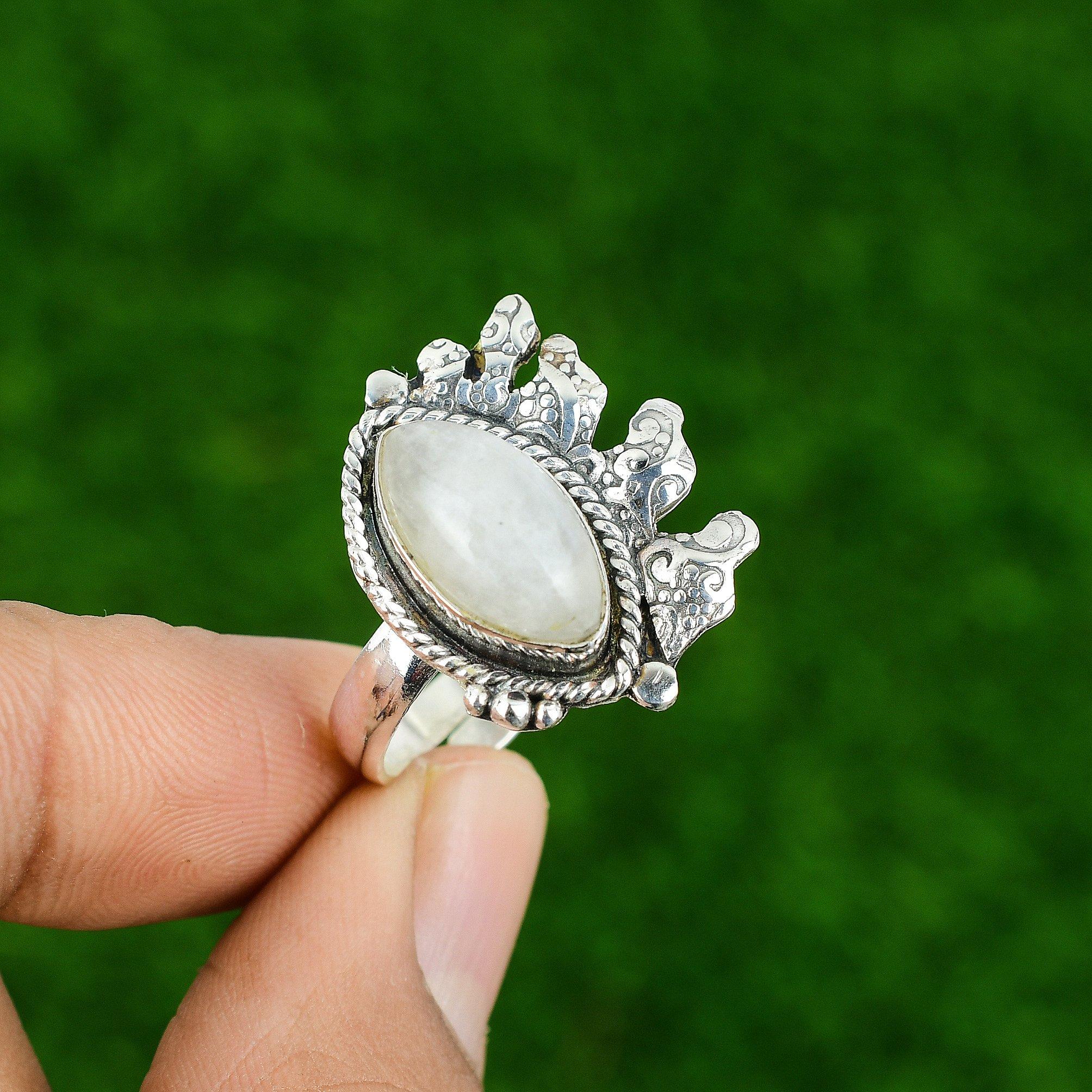 

Natural Rainbow Moonstone Gemstone Stackable White Adjustable Ring 925 Silver Adjustable