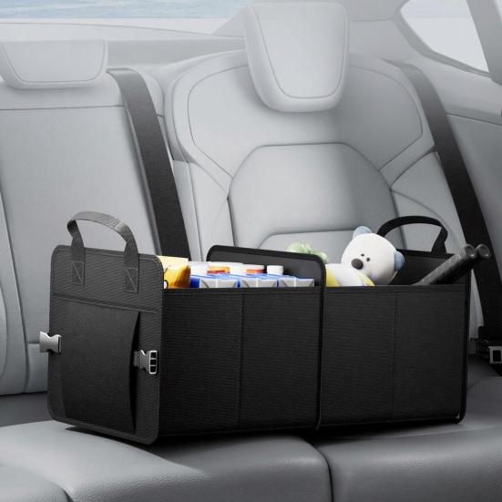 Yousheng Car Trunk Organizer Foldable Portable Storage Box with Non-Slip Base 2 Compartments Car Storage Container for Groceries Sports Gear beige