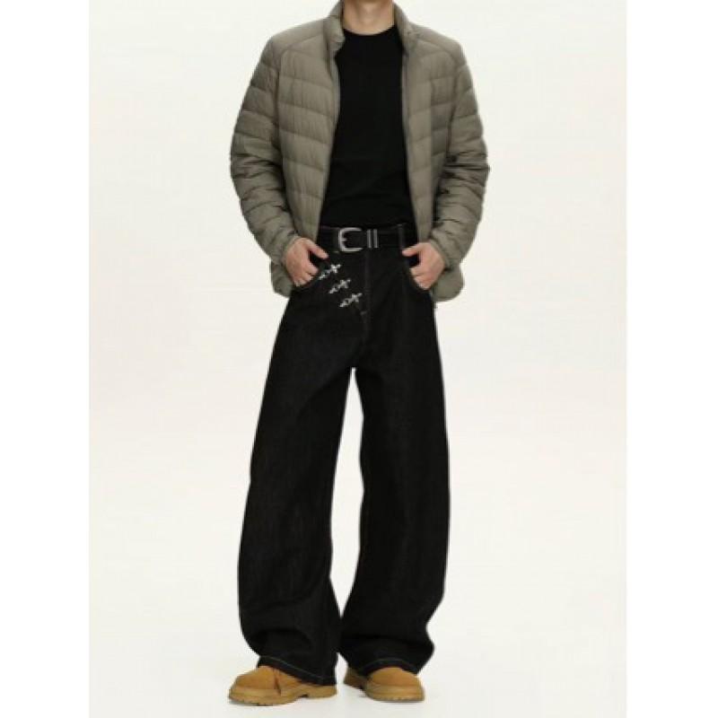 Mens Vintage Streetwear Denim Jeans High Waist Loose Fit Button Fly Straight Leg Cotton Rigid Raw Selvedge