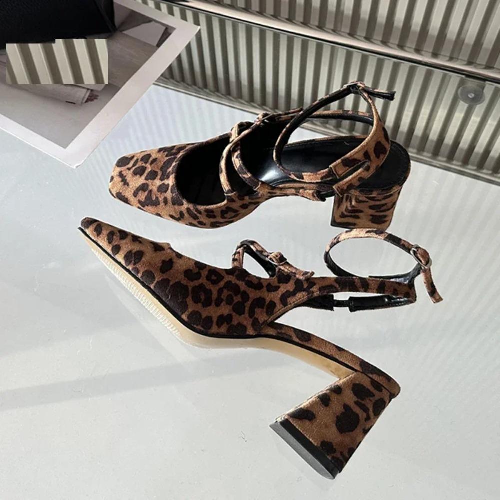 Pesstwei New Fashion Leopard Print Narrow Band Buckle Strap Women Pumps  Elegant Square Toe High Heels Wedding Party Shoes