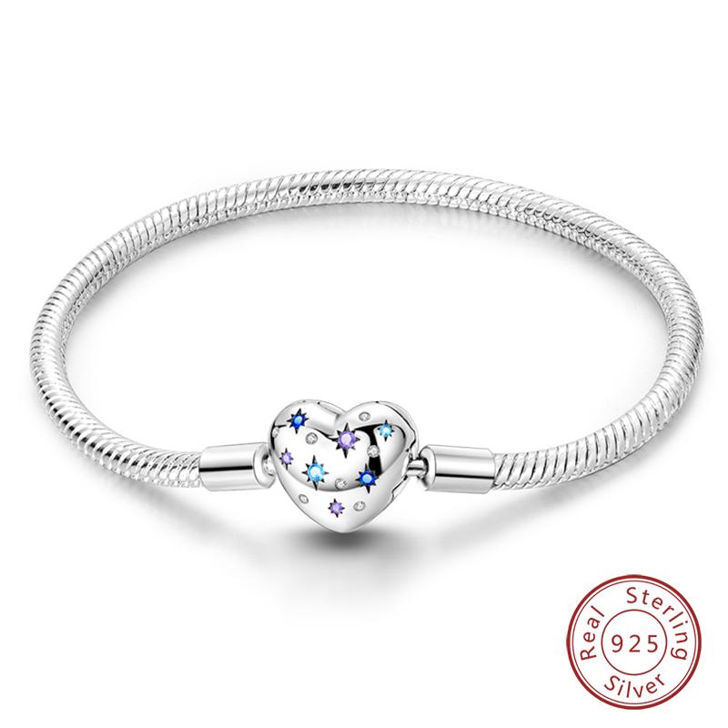 Original 925 Silver Heart Star Moon Snowflake Butterfly Bracelets 17 20CM For Women DIY Charms Jewelry Gifts