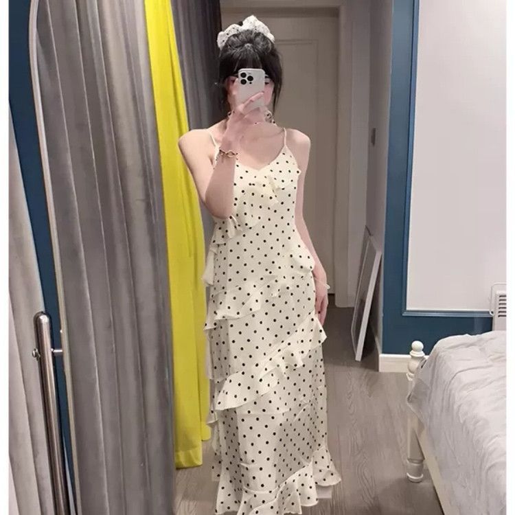New French sexy temperament ruffle leaf edge splicing polka dot suspender dress women's summer pure desire spice girl long dress tide