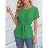 Spring Summer Casual Shirt with Ruffled Edges Pleated Round Neck Short Sleeved Top Fashion Women