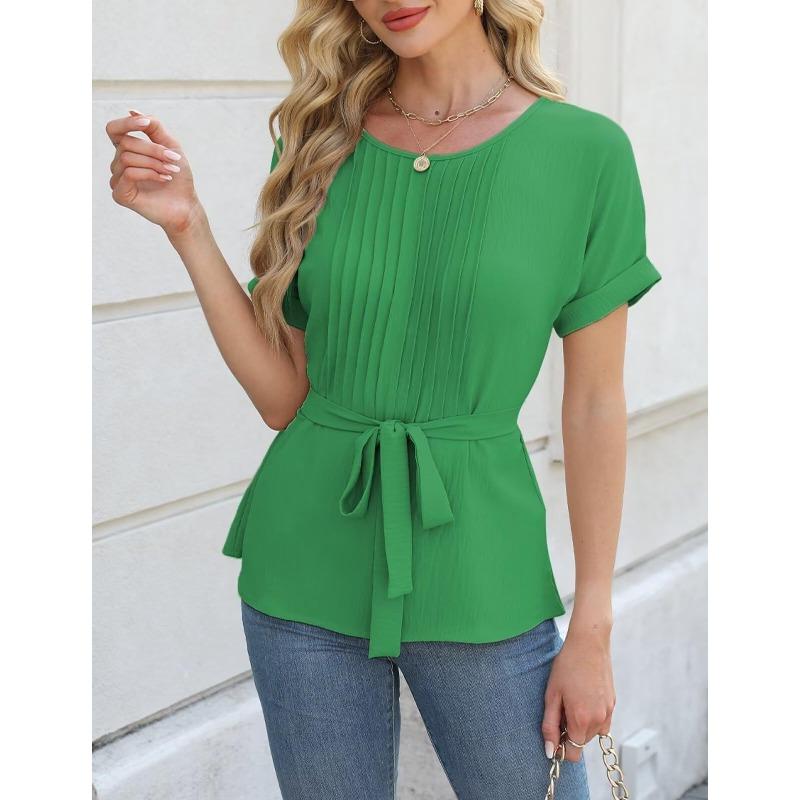 Spring Summer Casual Shirt with Ruffled Edges Pleated Round Neck Short Sleeved Top Fashion Women